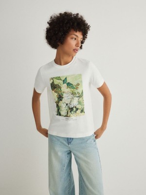 Reserved Baumwoll T-print T-shirts Damen Weiß | HSF-492561