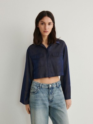 Reserved Cropped Satin Hemd Damen Navy | NPU-532978