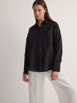 Reserved Linen Hemd Damen Schwarz | WIQ-285310