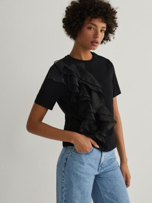 Reserved T-decorative Ruffle Detail Hemd Damen Schwarz | UNR-824316