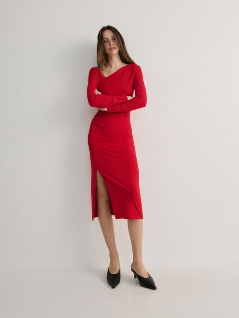 Reserved Asymmetric Neckline Kleid Damen Rot | KHT-508936