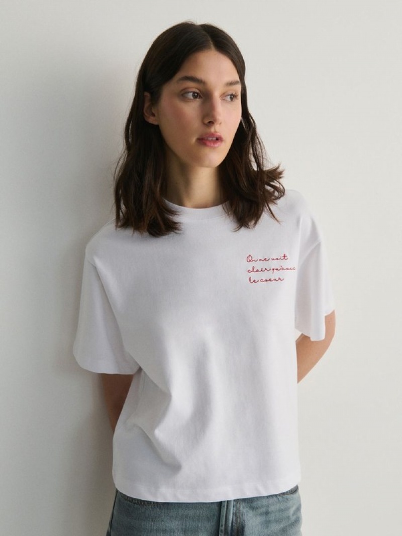 Reserved Boxy T-embroidery T-shirts Damen Weiß | NXR-483075