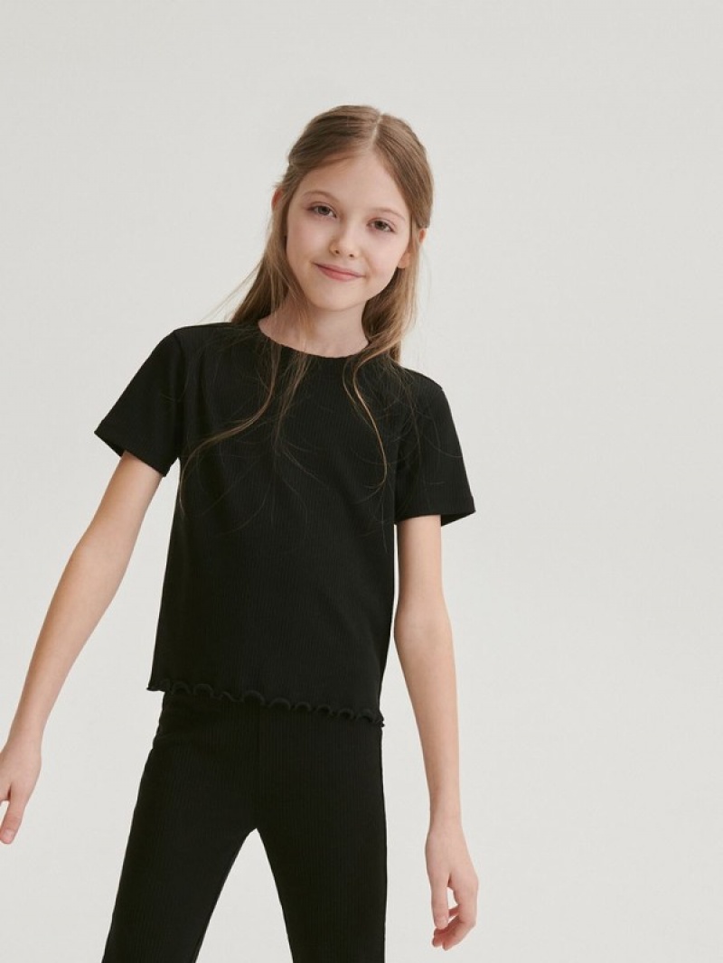 Reserved Cropped T-peplum Hem T-shirts Mädchen Schwarz | NJW-521879