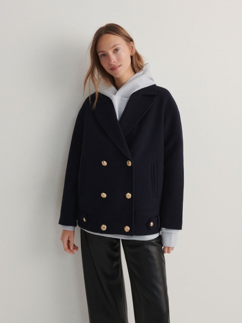 Reserved Croppedwool Blend Mäntel Damen Navy | UKQ-712045