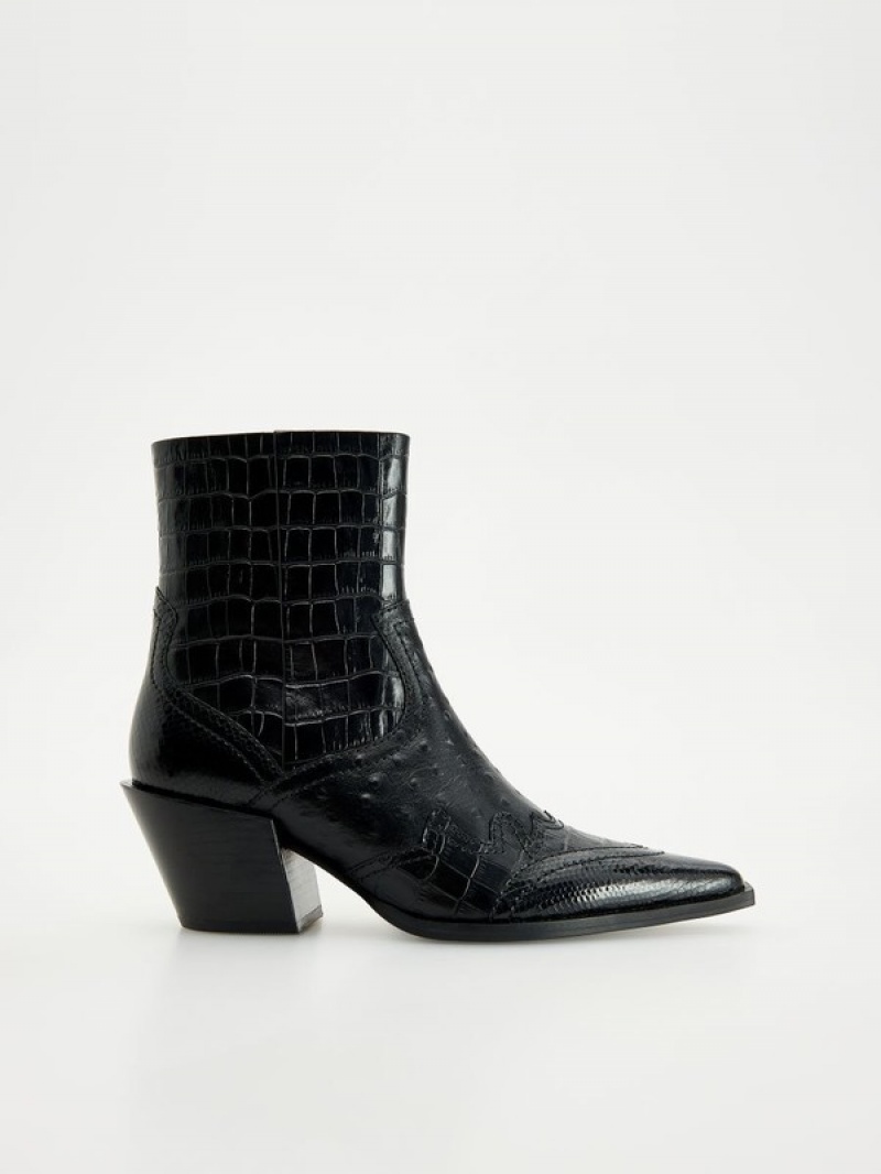 Reserved Embossed Leder Cowboy Boots Stiefeletten Damen Schwarz | NWO-073854