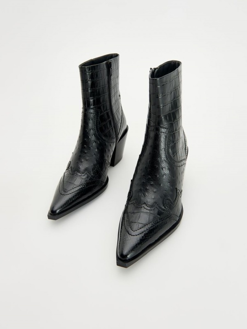 Reserved Embossed Leder Cowboy Boots Stiefeletten Damen Schwarz | NWO-073854