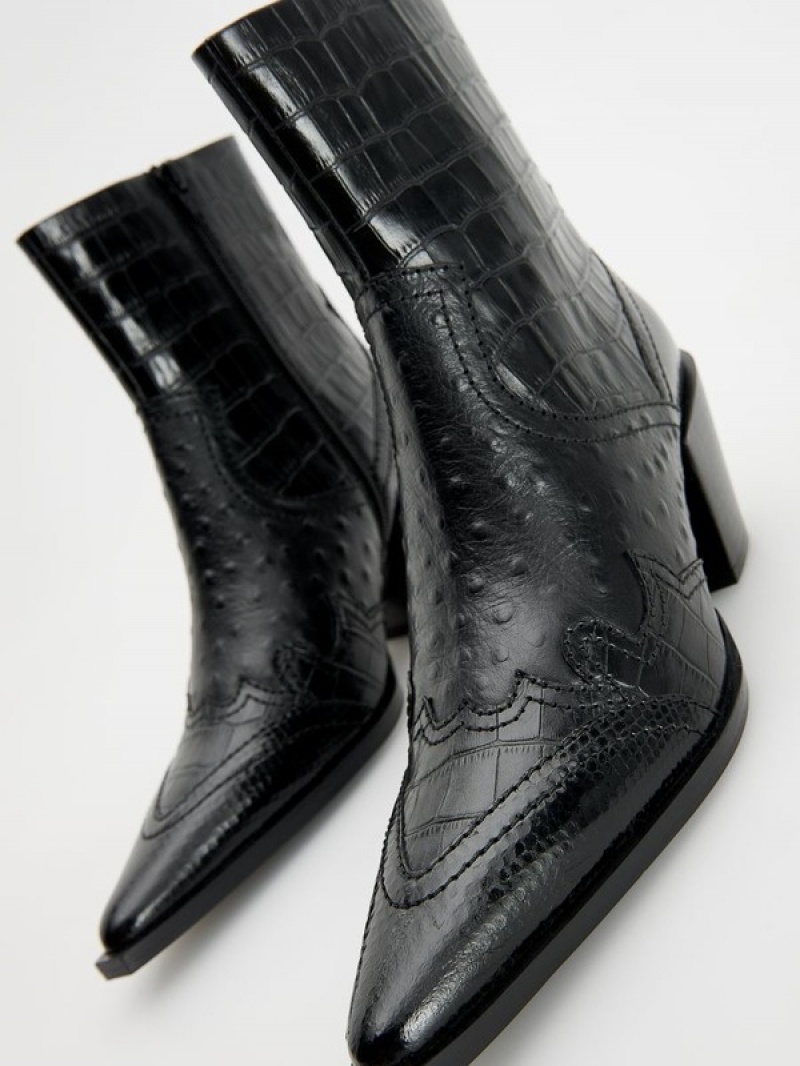 Reserved Embossed Leder Cowboy Boots Stiefeletten Damen Schwarz | NWO-073854