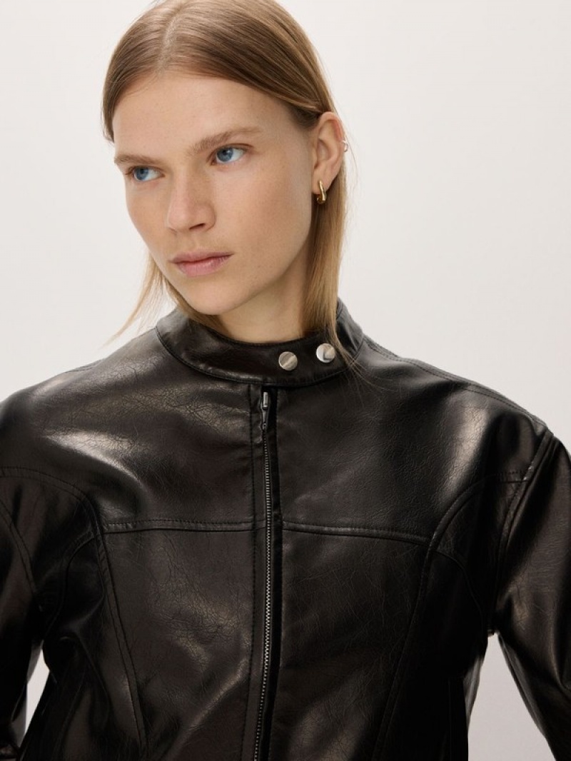 Reserved Faux Leatherstand Up Collar Jacken Damen Schwarz | TSO-749320