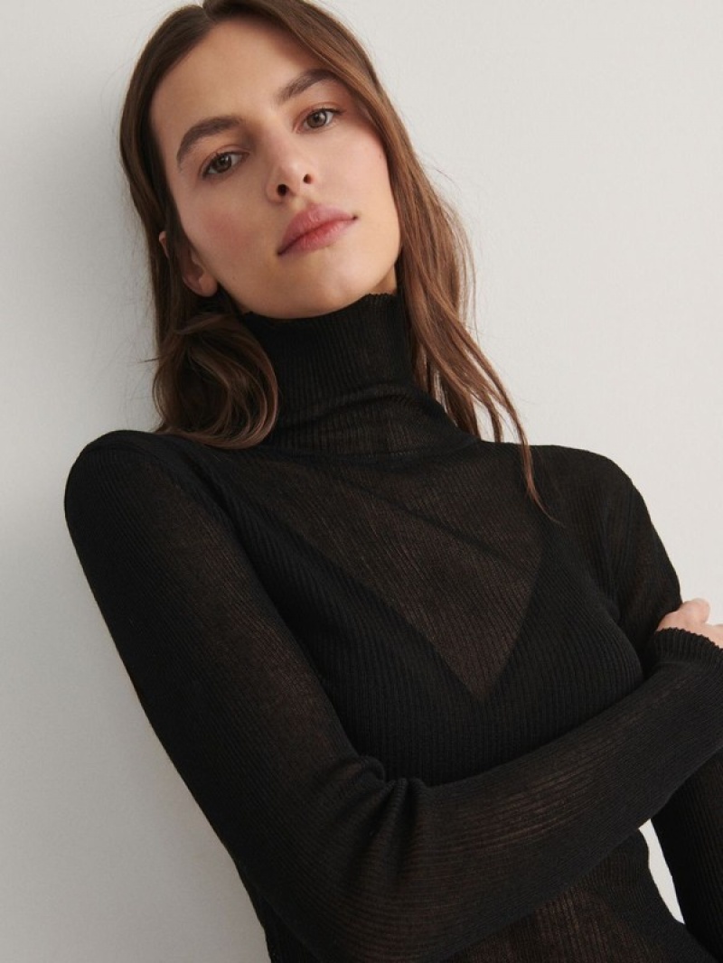 Reserved Fine Rib Knit Turtleneck Pullover Damen Schwarz | DKB-965704