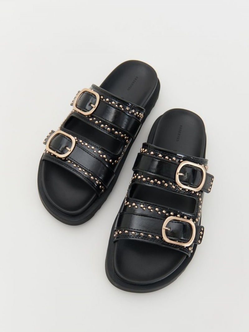 Reserved Leder Slidersbuckles Sandalen Damen Schwarz | YLX-587129