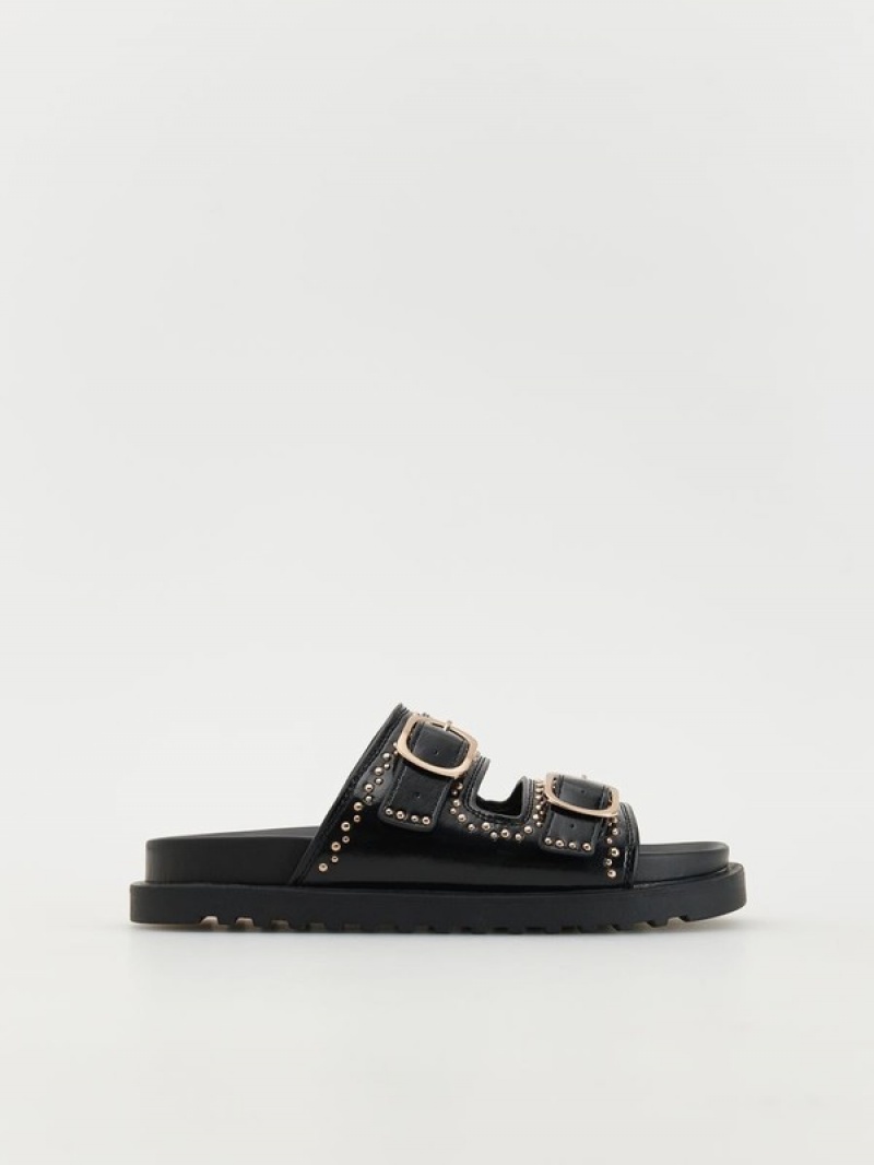 Reserved Leder Slidersbuckles Sandalen Damen Schwarz | VRL-486192