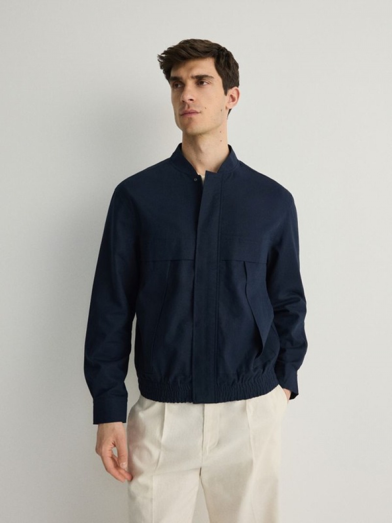 Reserved Linen Rich Bomber Jacken Herren Navy | TNP-412635