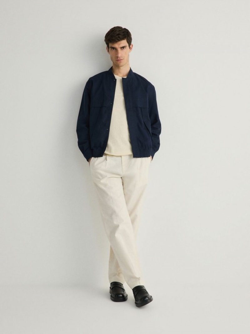 Reserved Linen Rich Bomber Jacken Herren Navy | TNP-412635