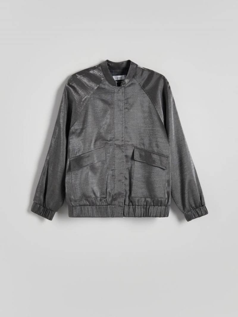 Reserved Metallic Effect Bomber Jacken Damen Dunkelgrau | DIR-108274