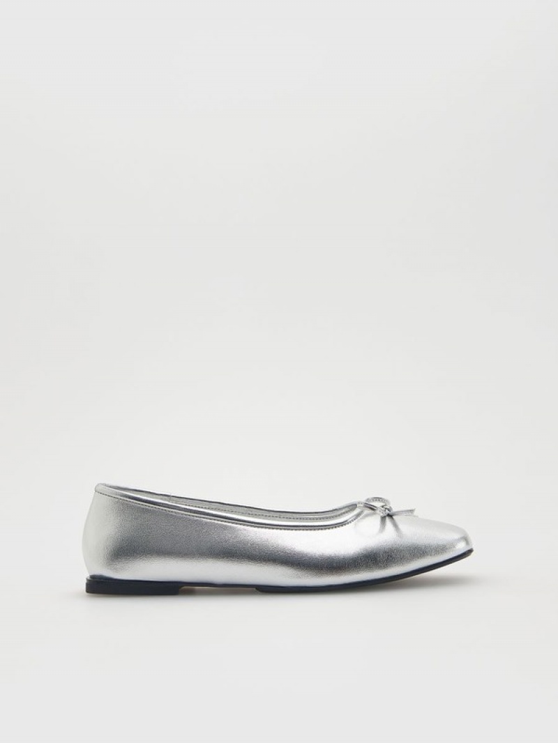 Reserved Metallic Natural Leder Ballerinas Halbschuhe Damen Silber | HZW-837241