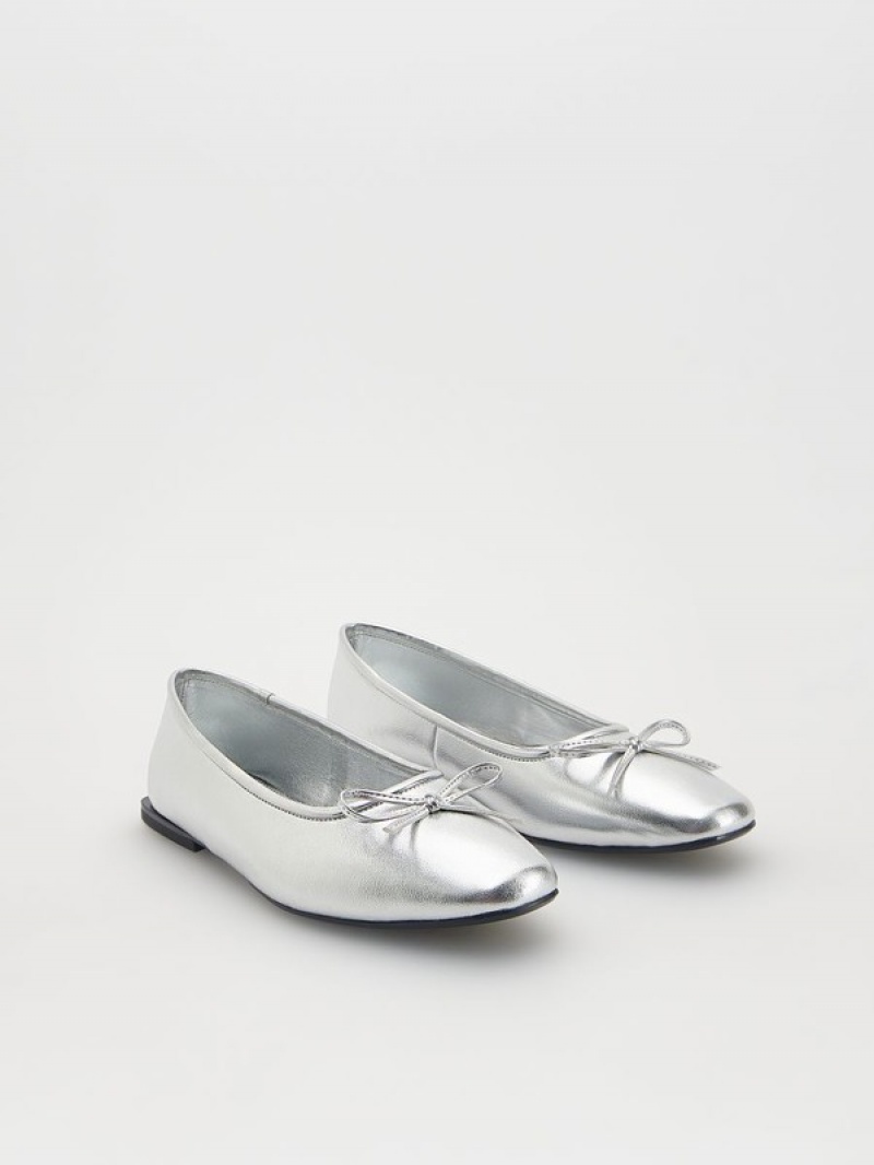 Reserved Metallic Natural Leder Ballerinas Halbschuhe Damen Silber | HZW-837241