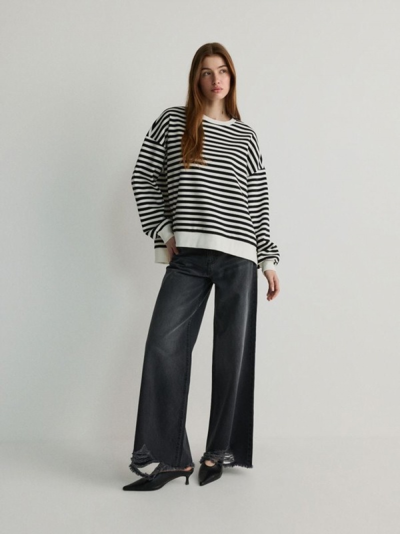 Reserved Oversized Stripe Sweatshirts Damen Schwarz | FCX-268597