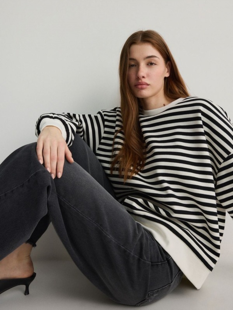 Reserved Oversized Stripe Sweatshirts Damen Schwarz | FCX-268597