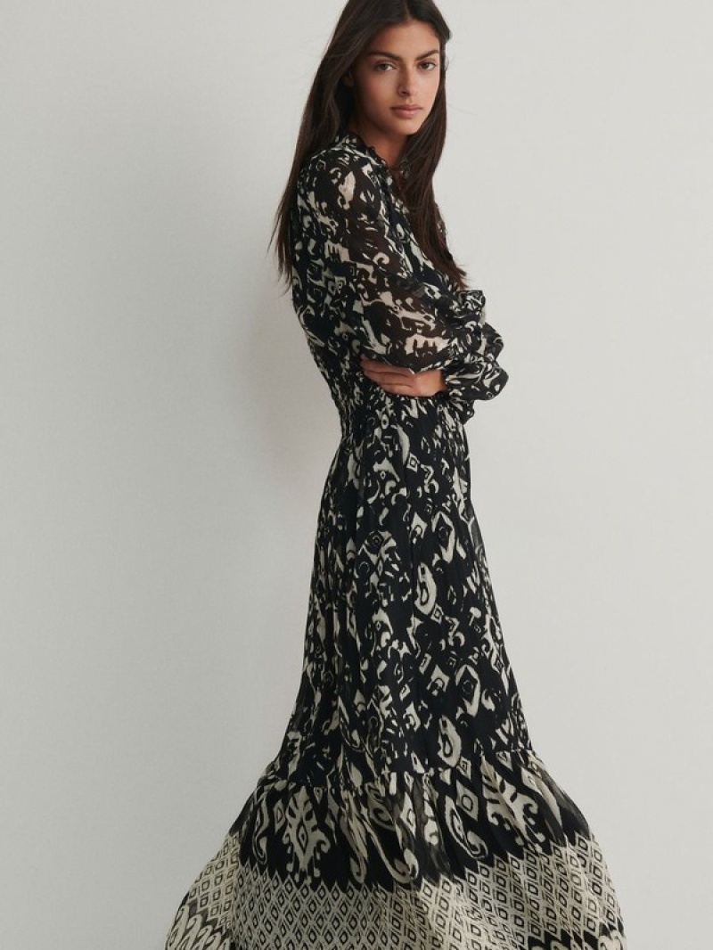 Reserved Patterned Maxi Kleid Damen Schwarz | RZW-857104