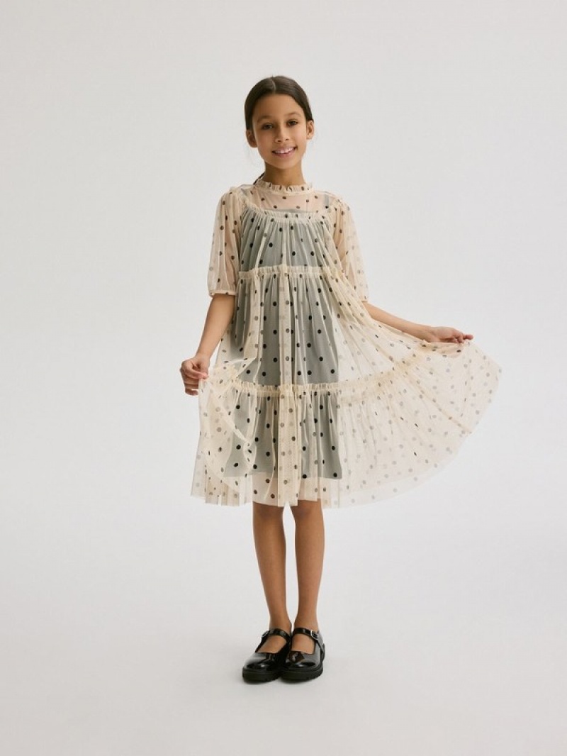 Reserved Polka Dot Tulle Kleid Mädchen Beige | VWE-520396