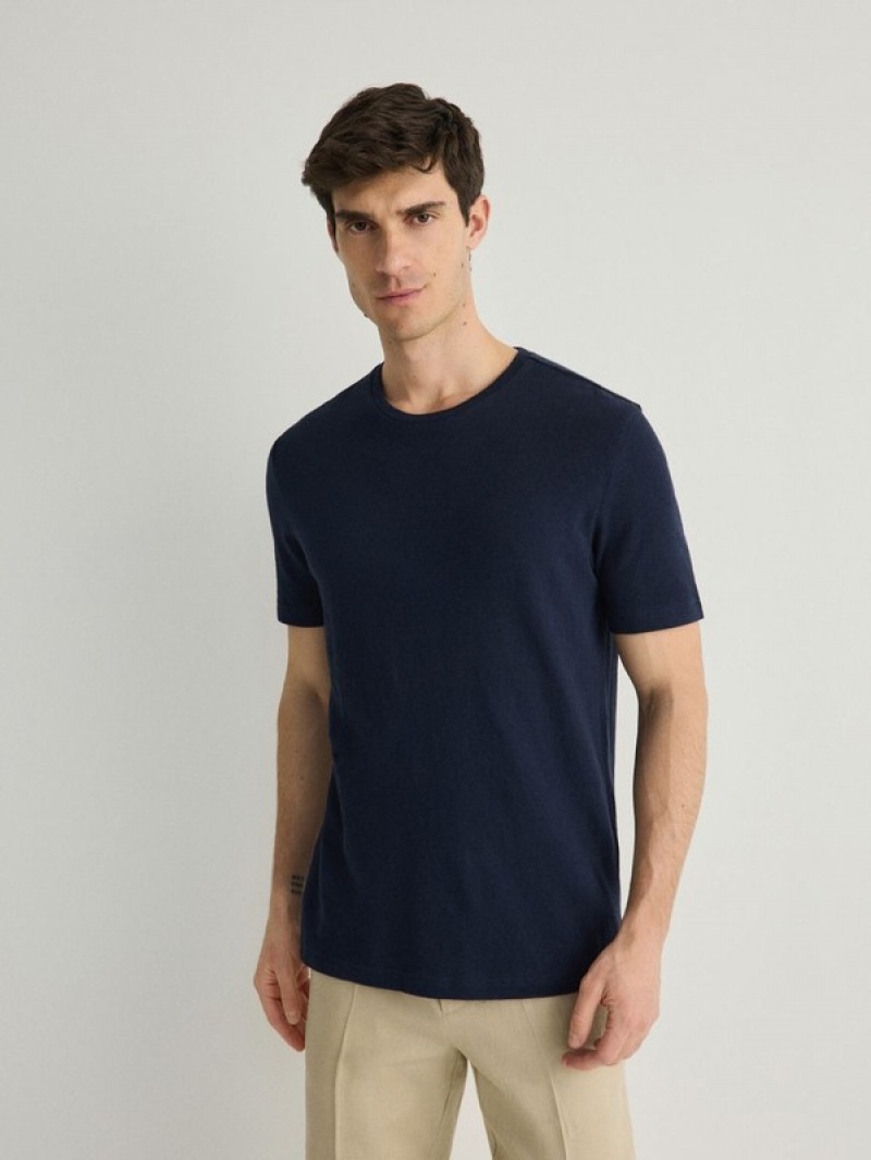 Reserved Regular Fit T-linen Blend T-shirts Herren Navy | ZVW-603594