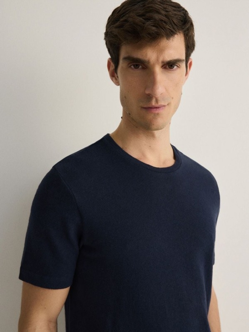 Reserved Regular Fit T-linen Blend T-shirts Herren Navy | ZVW-603594