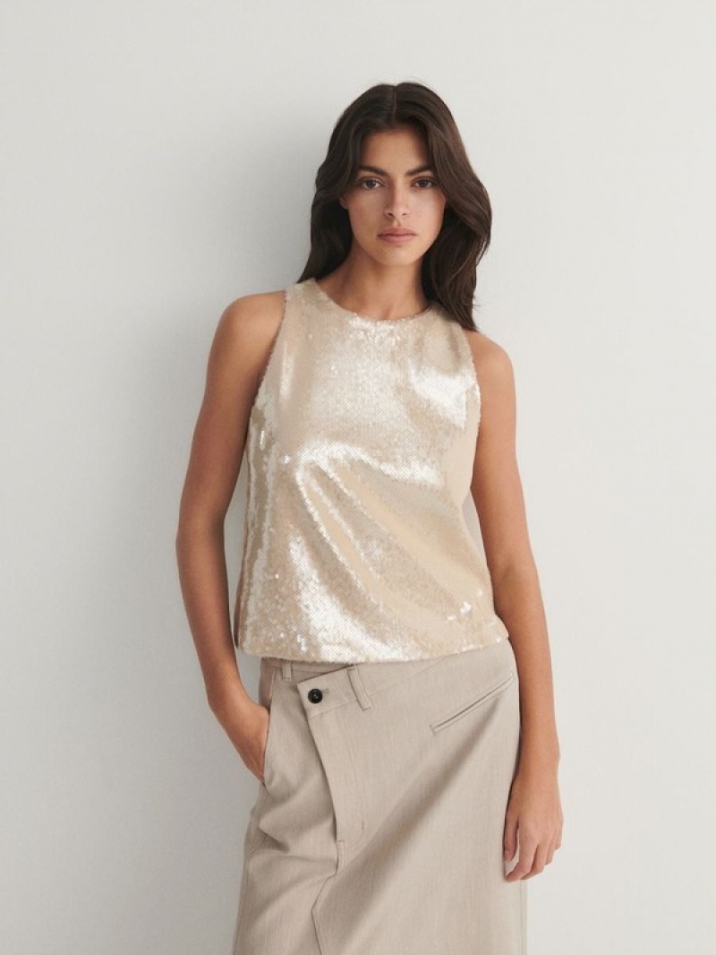 Reserved Sequin Jersey Top T-shirts Damen Beige | BGD-834165