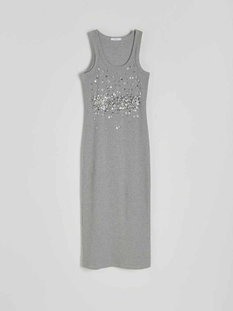 Reserved Shiny Appliqués Kleid Damen Grau | FID-160234