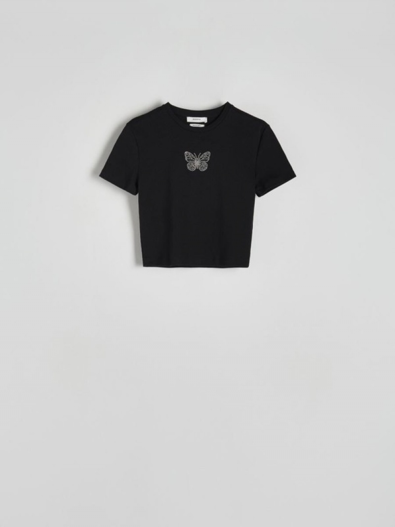 Reserved T-appliqué T-shirts Damen Schwarz | GDJ-068234