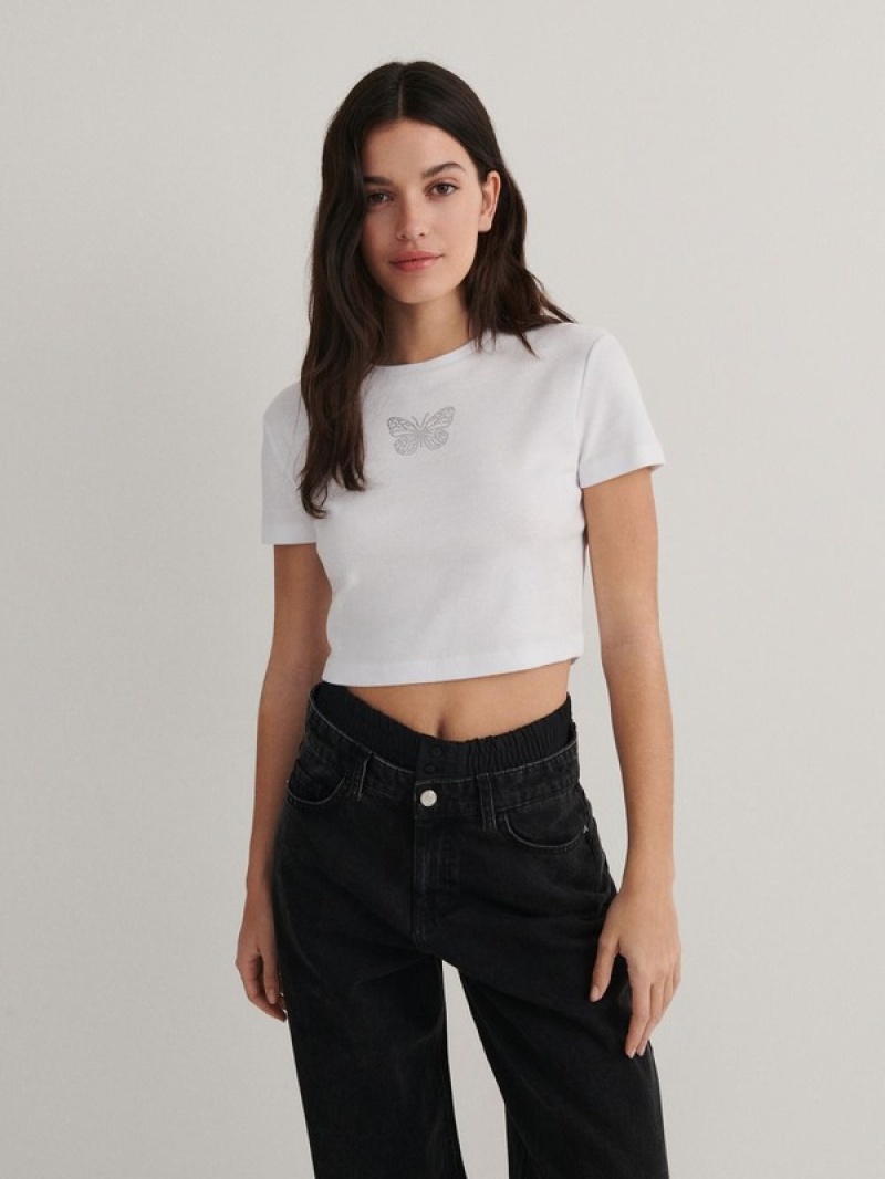 Reserved T-appliqué T-shirts Damen Weiß | MXV-417526