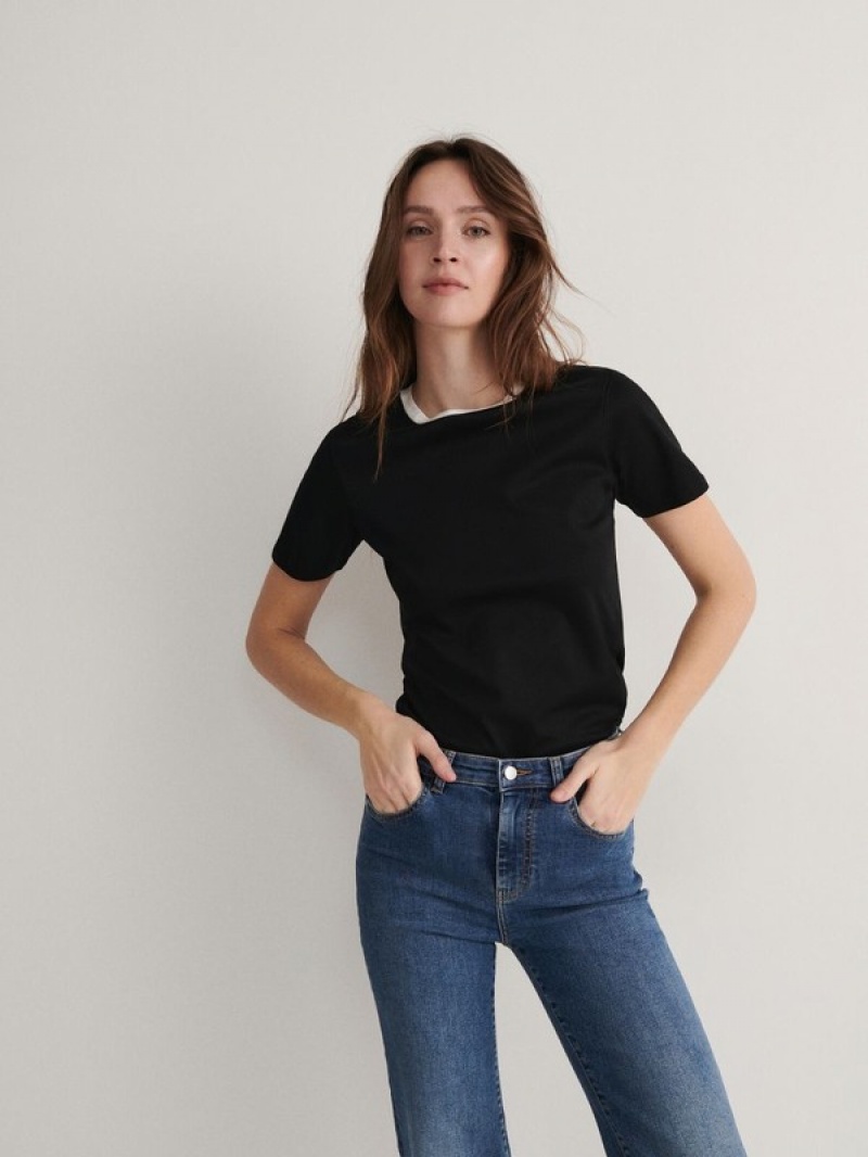 Reserved T-contrasting Trim T-shirts Damen Schwarz | CSO-952376