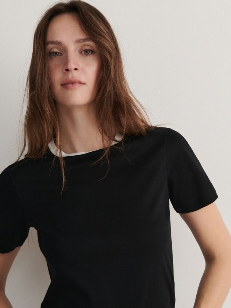 Reserved T-contrasting Trim T-shirts Damen Schwarz | CSO-952376