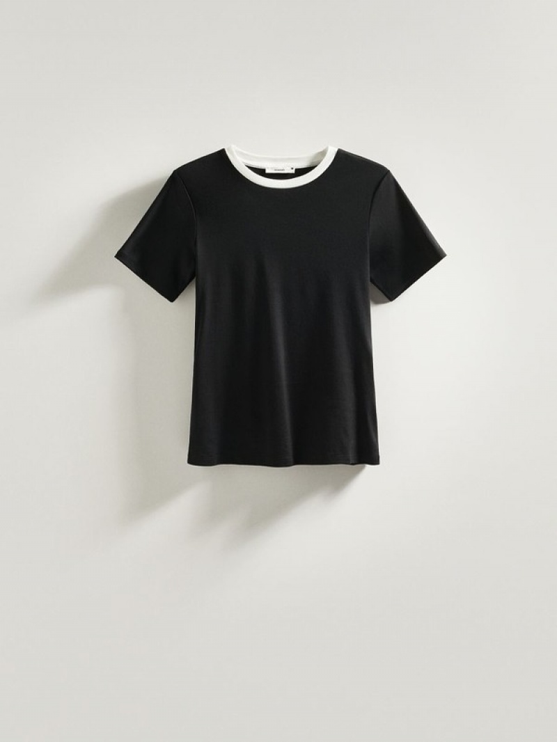 Reserved T-contrasting Trim T-shirts Damen Schwarz | CSO-952376