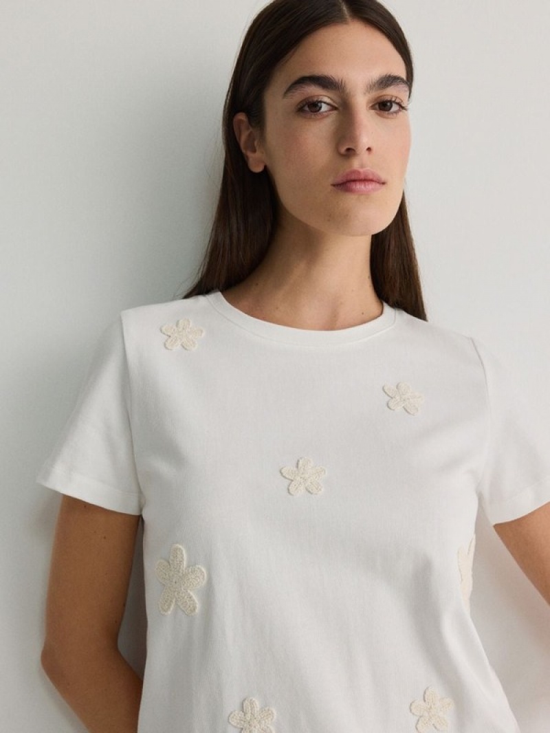 Reserved T-decorative Embroidery Hemd Damen Weiß | FSP-031792