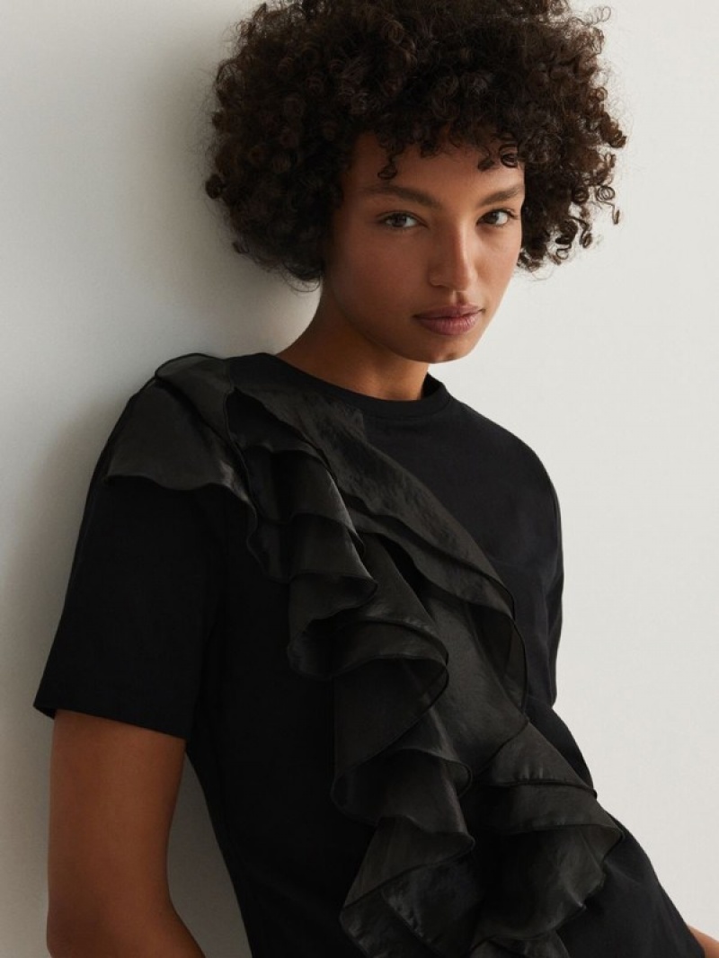 Reserved T-decorative Ruffle Detail Hemd Damen Schwarz | UNR-824316