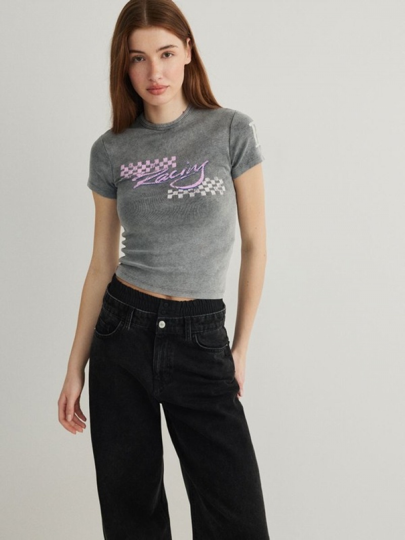 Reserved T-wash Effect Print T-shirts Damen Dunkelgrau | VMC-120859